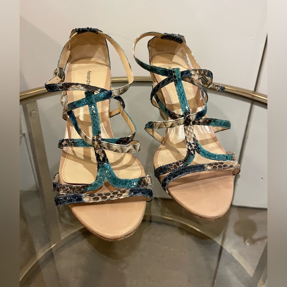 Alexandre Birman Snakeskin Leather Wedge Sandals – Teal Multi, Size 8